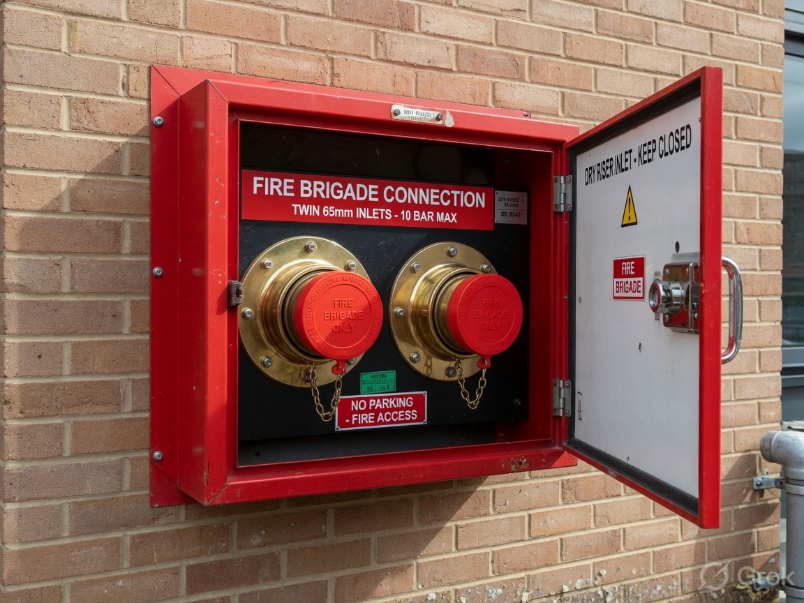Red dry riser inlet breeching cabinet for fire brigade connection