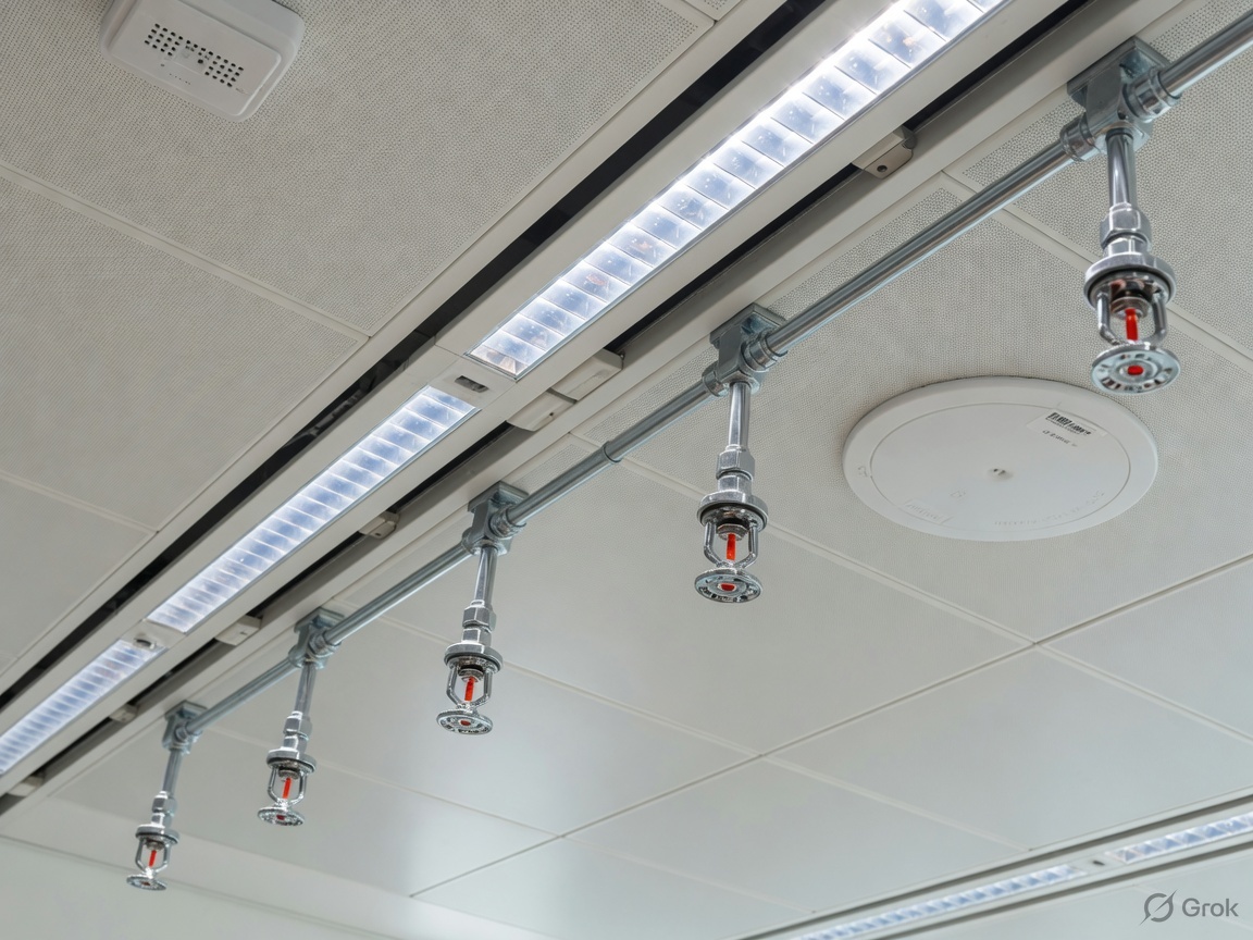 Pendant fire sprinkler heads on a commercial ceiling