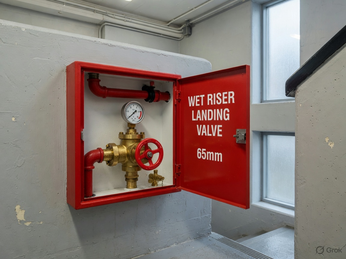 Wet riser landing valve cabinet in a high-rise stairwell